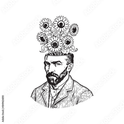 Surreal Vincent van Gogh portrait with sunflowers growing from head. Black and white vector line art illustration in vintage sketch style for tattoo or print design.
