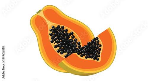 Fresh Papaya Slices with Seeds Isolated on White Background.