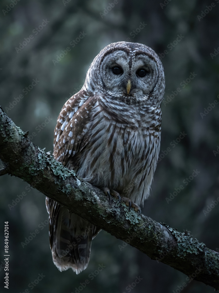 Fototapeta premium Barred Owl Perched on a Mossy Branch in a Dark Forest