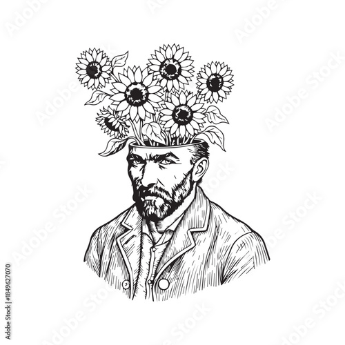 Surreal Vincent van Gogh portrait with sunflowers growing from head. Black and white vector line art illustration in vintage sketch style for tattoo or print design.
