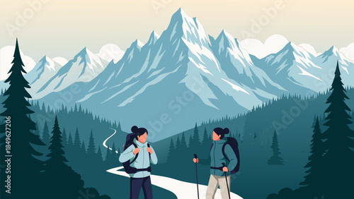 Two intrepid adventurers exploring majestic snowy mountains and serene pine forests on a challenging trekking journey, embracing nature's beauty