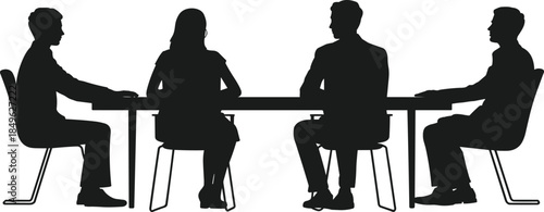 Business meeting, corporate silhouettes, teamwork icon, leadership vector, rectangular table, professional group, black design, communication pose, strategy, illustrationBusiness meeting