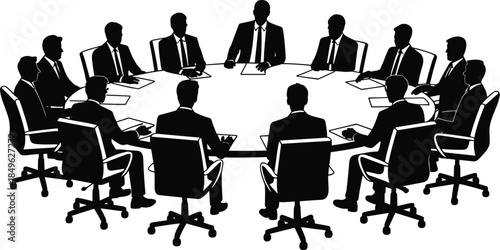 Business meeting, corporate silhouettes, round table, leadership icon, teamwork vector, strategy session, black design, professional group, communication, illustrationBusiness meeting