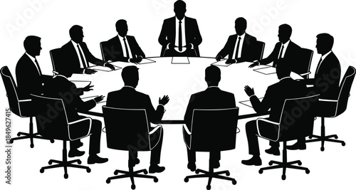 Business meeting, corporate silhouettes, leadership icon, teamwork vector, round table, professional group, black design, communication pose, illustration, strategy gridBusiness meeting