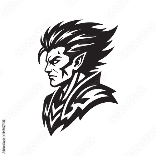 Fantasy Demon Warrior Profile Silhouette. Tribal Tattoo Style Vector Illustration. Black and White Mascot Logo Design of Beast Man with Spiky Hair.
