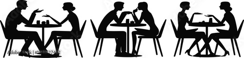 Social conversation, cafe silhouettes, people interaction, round table, black vector, lifestyle moment, communication pose, casual meeting, dining, illustrationSocial conversation