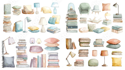 Soft watercolor home decor set with books cushions lamps and shelves. Cozy interior lifestyle illustration isolated on white for reading relaxation and modern living themes.