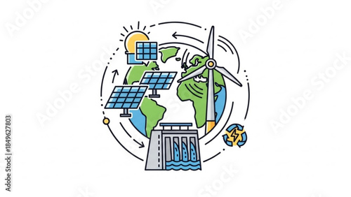 Eco friendly energy sources around the globe with solar panels wind turbine and hydroelectric dam for renewable power generation
