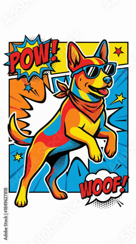 A vibrant pop art illustration of a superhero dog wearing sunglasses and a bandana, inspired by comic book style.