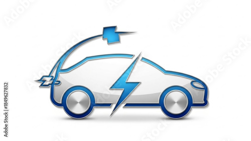 Electric car with blue lightning bolt and arrow on side, symbolizing eco friendly transportation and sustainable energy solutions for modern mobility