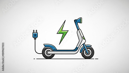 Electric scooter with green lightning bolt charging via plug on white background