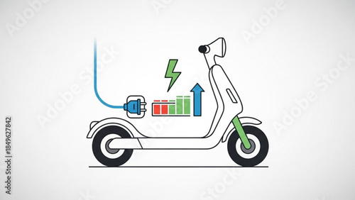 Electric scooter charging with rising battery level indicator and green lightning bolt symbol on white background