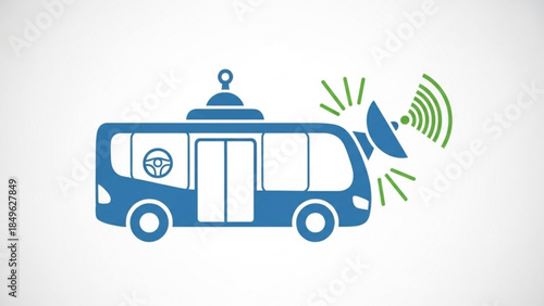 Autonomous shuttle bus with satellite signal on white background for smart city transportation systems and innovative technology
