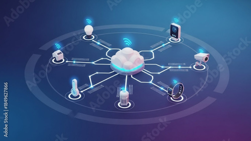 Cloud computing network with connected devices and data exchange on a blue gradient background for business technology and innovation