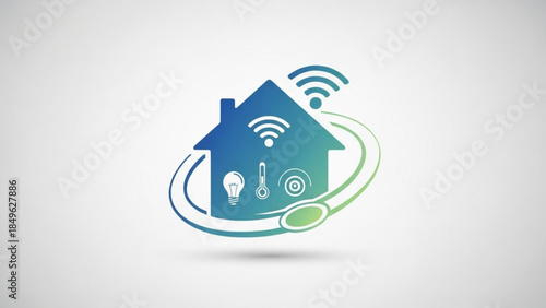 Smart home technology concept with house icon and symbols for wi fi connectivity, light bulb, thermostat, and target on a white background with blue green gradient