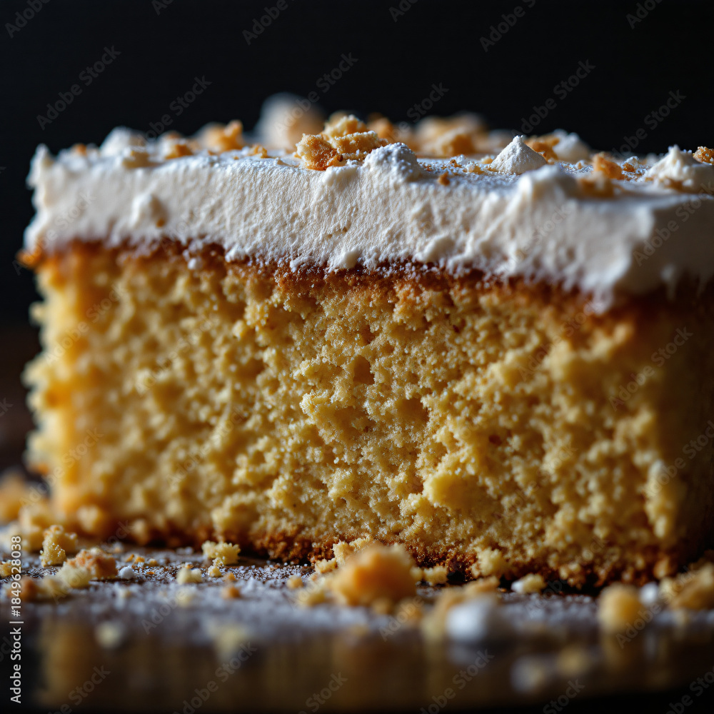 Fototapeta premium A close-up shot of a delicious slice of yellow cake with white frosting and crunchy toppings.