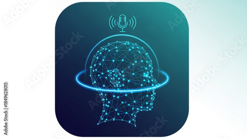 Glowing blue human head with network connections and microphone icon on dark teal background representing voice recognition technology