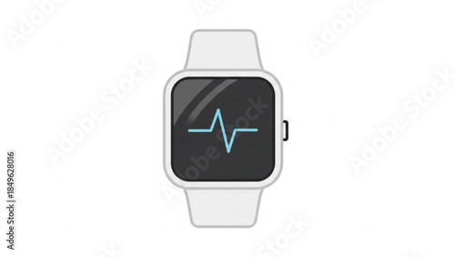 A white smartwatch displays a blue electrocardiogram reading on its black screen