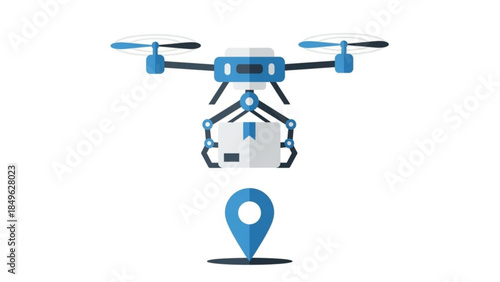 Blue drone delivering package to location marked by map pin, illustrating delivery technology