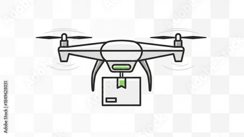 A sleek drone flies with a package attached underneath on a transparent background with motion blur on its spinning propellers