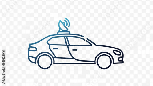 A blue line drawing of a car with a satellite on top, right side view, on a transparent background, conveying technology and transportation