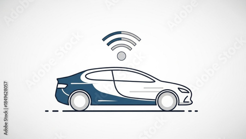 Modern car with wi fi symbol above it on white background, representing connected vehicle technology