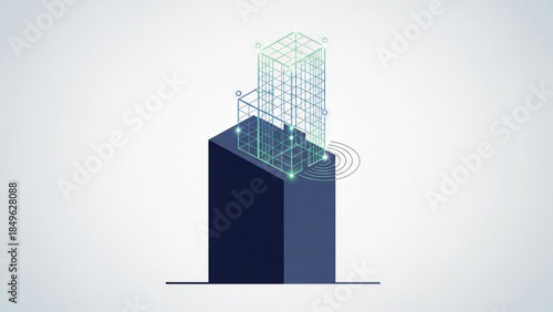 Dark blue 3d block with wireframe cube rising from it, glowing green lines and dots on white background, technology concept