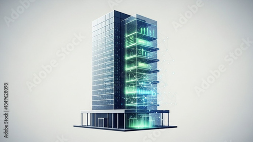 Futuristic high rise building with illuminated internal framework and sleek glass facade, showcasing modern architecture and technological innovation in a minimalist