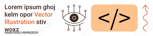 Data visualization, coding, programming, digital design, web development, and modern technology. Eye symbol with tech lines, coding brackets and a vertical arrow. Data visualization and coding