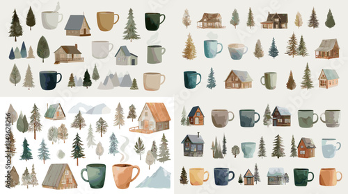 Watercolor camping and outdoor objects set with mugs tents trees and travel items. Cozy adventure illustration isolated on white for nature lifestyle and exploration themes.