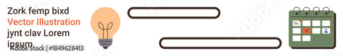 Creativity, idea generation, planning, organization, productivity, scheduling. Lightbulb, text input bars and calendar. Creativity and planning through symbolic and functional elements