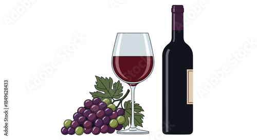 Red Wine Bottle, Glass, and Grapes on White Background.