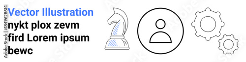 Business strategy, user icons, profile setup, task management, decision-making, technology. Chess knight, profile icon and gears in a minimalist arrangement. Strategy and user profile concept