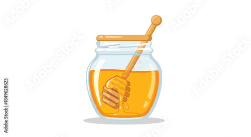 Sweet golden honey in a glass jar with a wooden dipper.