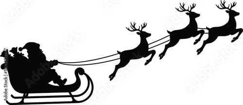 Santa Claus silhouette flying sleigh with three reindeer, Christmas night gift delivery icon, holiday vector illustration, festive winter scene traditional graphic