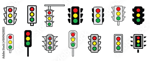 Diverse Traffic Light Icons Set for Web Design and App Development Featuring Various Styles and Configurations