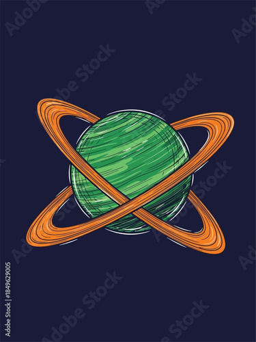 Green planet with orange rings in space.