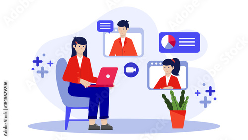Hybrid Team Collaborating In-Office and Remotely. Flat Vector Business Illustration