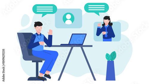 Hybrid Team Collaborating In-Office and Remotely. Flat Vector Business Illustration