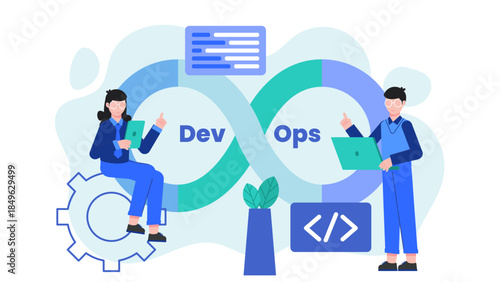 DevOps Team Automating Software Deployment. Flat Vector Business Illustration