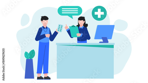 Pharmacist Consulting on New Prescription. Flat Vector Business Illustration