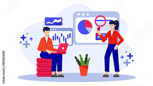 Investment Firm Analyzing Stock Portfolio. Flat Vector Business Illustration