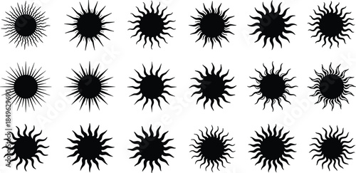 Set of 15 Stylized Black Sun Silhouettes, Vector Sunburst Icons, Decorative Solar Motifs for Logos, Patterns, Branding and Graphic Design