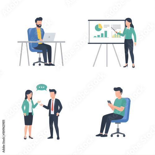 flat vector illustration of office workers in different poses man working on laptop, woman presenting ideas, two colleagues talking, employee checking phone, seated and standing positions