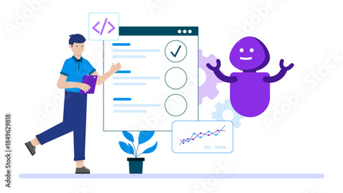 AI Assistant Automating Routine Office Tasks. Flat Vector Business Illustration