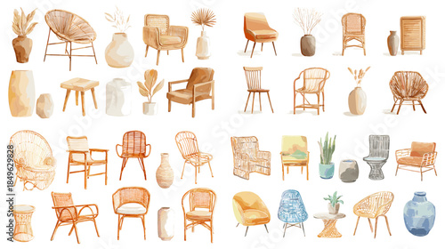 Whimsical watercolor furniture and decor set with chairs plants and cozy home accents. Warm lifestyle illustrations isolated on white for interior and editorial design.