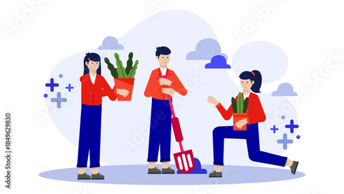 Corporate Volunteer Day at Local Community Garden. Flat Vector Business Illustration