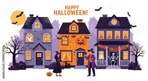Happy Halloween houses with trick or treaters and spooky decorations.