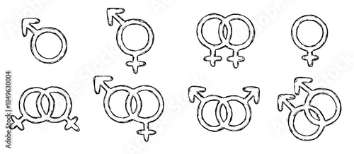 Set of hand drawn female, male and bigender gender identity icon Symbol used to represent sex and gender