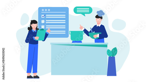 Food Safety Inspection in Restaurant Kitchen. Flat Vector Business Illustration